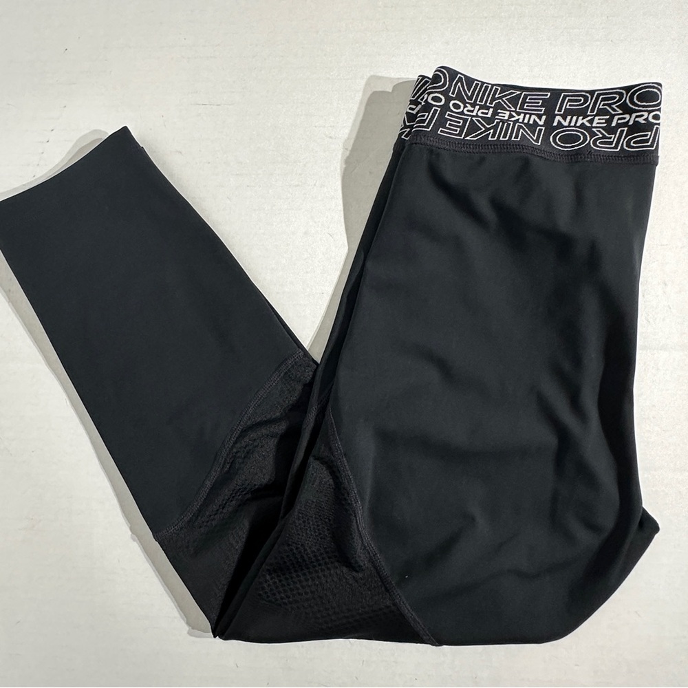 Nike Pro Womens Black Dri-Fit Leggings Graphic Print Crop Waistband Mesh Leg